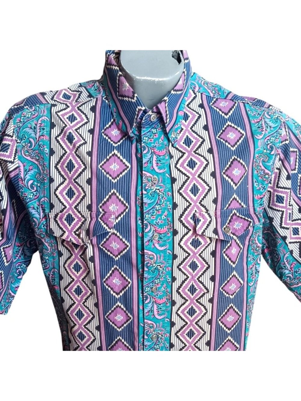 Vintage Wrangler Large Brushpopper Western Shirt Aztec Geometric USA Cowboy Cut